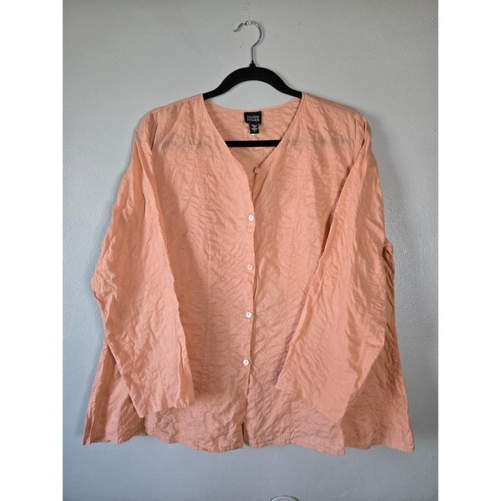 Eileen Fisher Peach Cotton Blouse | Minimalist Button Front Top‎ Size Large Boxy